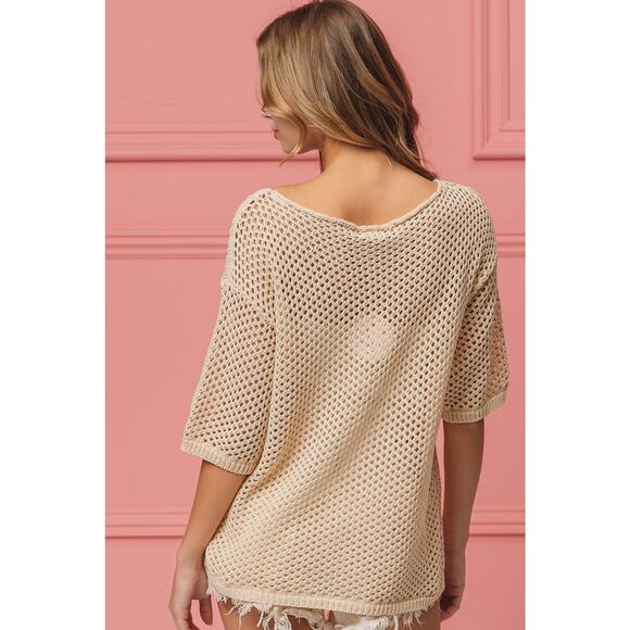 BiBi Sequin American Flag Sunglasses Pattern Open Knit Cover Up Top | Oatmeal - Picture 9 of 11